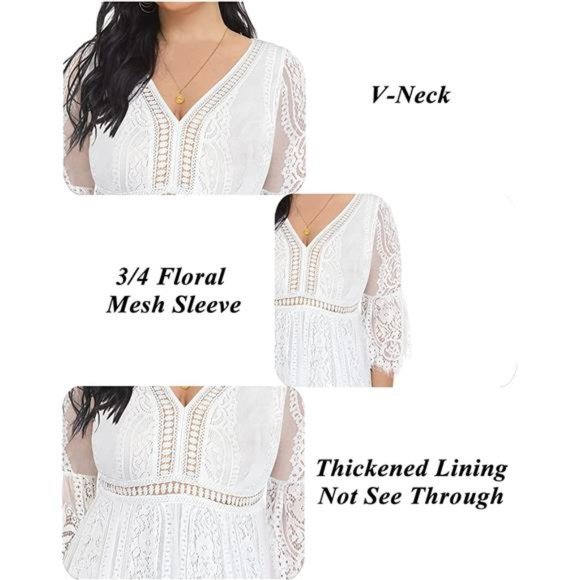 Women's Plus Size Boho Maxi Floral Lace Wedding Dress V Neck Flowy Long Dresses - Picture 5 of 6